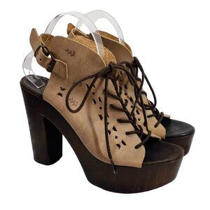 COOLWAY Wood & Leather Platform Sandals 10 Chunky Wood-Look Lace-Up Boho